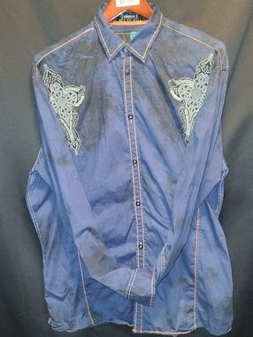 Roar Signature Charcoal Blue Embroidered Y2K Denim Western Shirt Mens Size XXL